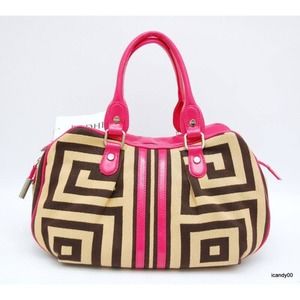 BODHI Geo Greek Key Fabric Patent Leather Satchel Bag Handbag Tote Tan/Pink Nwt